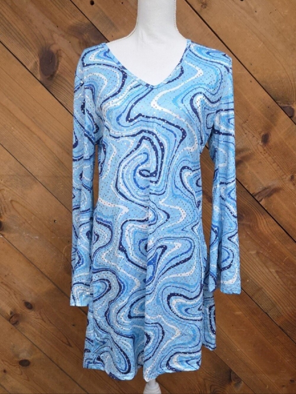 Clarisbelle Blue Marble Swirl Long Flare Sleeve Tunic Dress.  70's Disco, Hippie